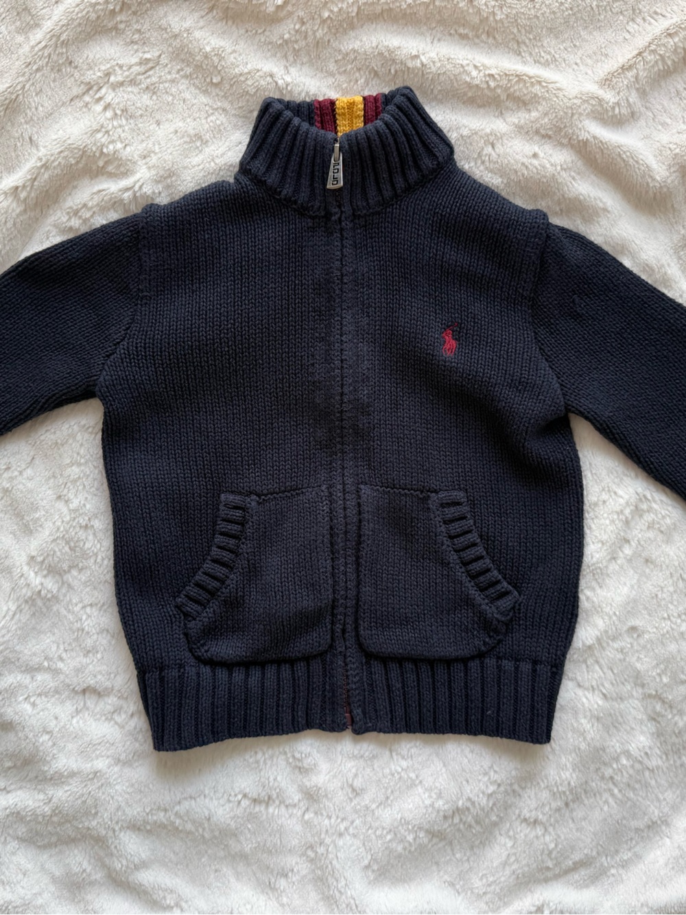Ralph Lauren Navy Knit Zip Cardigan with Red Logo